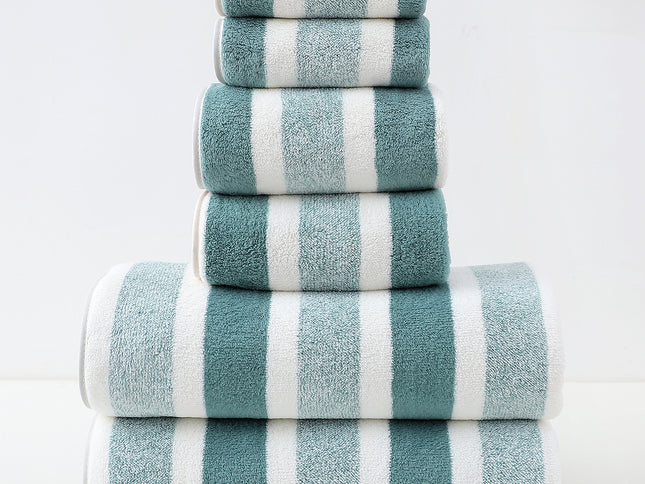 Luxury Cotton Green Wide Stripe Towel Set - 6 Piece Set (2 Hand Towels, 2 Bath Towels, 2 Washcloths), Ultra Soft and Absorbent