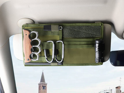 Black Car Sun Visor Organizer - Tactical Molle Storage Panel with Multi-Pocket Design