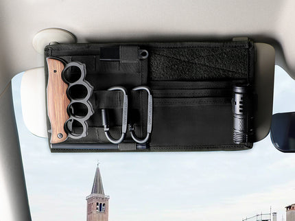 Black Car Sun Visor Organizer - Tactical Molle Storage Panel with Multi-Pocket Design