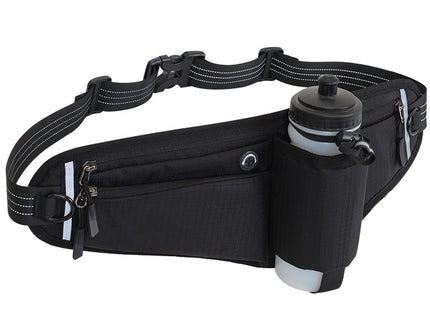 Black Adjustable Running Waist Pack with Water Bottle Holder, Reflective Design, and Multiple Storage Pockets for Outdoor Activities