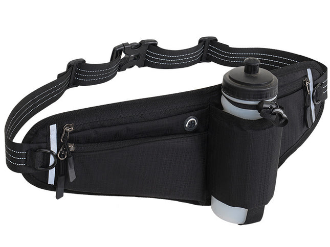 Black Adjustable Running Waist Pack with Water Bottle Holder, Reflective Design, and Multiple Storage Pockets for Outdoor Activities