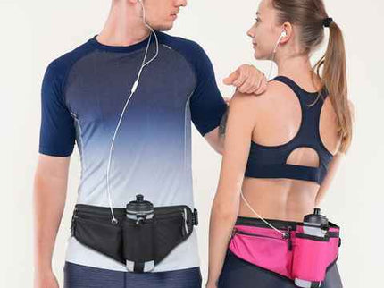 Black Adjustable Running Waist Pack with Water Bottle Holder, Reflective Design, and Multiple Storage Pockets for Outdoor Activities