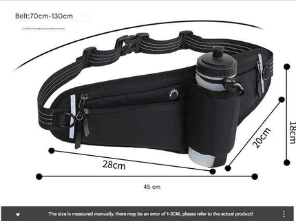 Black Adjustable Running Waist Pack with Water Bottle Holder, Reflective Design, and Multiple Storage Pockets for Outdoor Activities