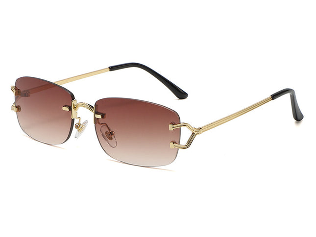 Light Brown Stylish Frameless Diamond-Cut Sunglasses with Metallic Temples - Trendy Line-Design Fashion Eyewear