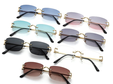Light Brown Stylish Frameless Diamond-Cut Sunglasses with Metallic Temples - Trendy Line-Design Fashion Eyewear