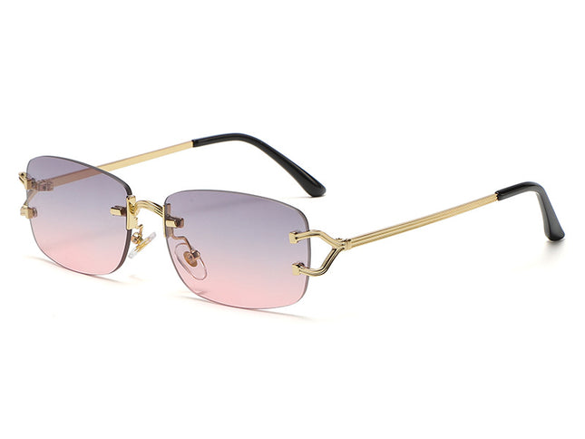Pink Purple Stylish Frameless Diamond-Cut Sunglasses with Metallic Temples - Trendy Line-Design Fashion Eyewear