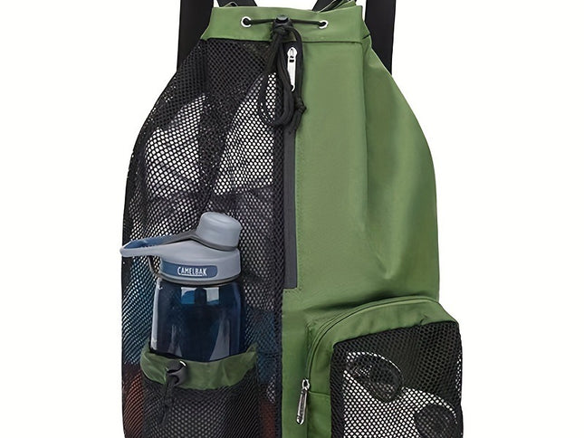 Green Mesh Drawstring Swim Backpack with Wet Pocket - Lightweight Beach, Gym, Outdoor Sports Bag - 245g
