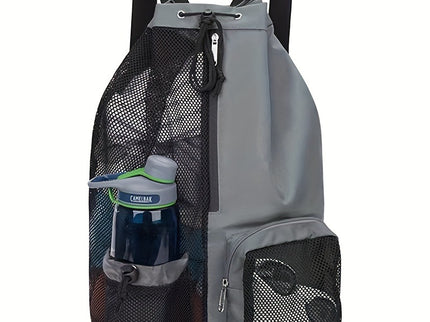 Grey Mesh Drawstring Swim Backpack with Wet Pocket - Lightweight Beach, Gym, Outdoor Sports Bag - 245g
