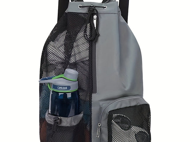 Grey Mesh Drawstring Swim Backpack with Wet Pocket - Lightweight Beach, Gym, Outdoor Sports Bag - 245g