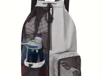 Light Grey Mesh Drawstring Swim Backpack with Wet Pocket - Lightweight Beach, Gym, Outdoor Sports Bag - 245g