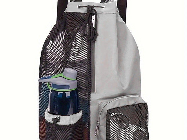 Light Grey Mesh Drawstring Swim Backpack with Wet Pocket - Lightweight Beach, Gym, Outdoor Sports Bag - 245g
