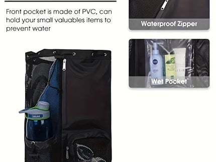 Light Grey Mesh Drawstring Swim Backpack with Wet Pocket - Lightweight Beach, Gym, Outdoor Sports Bag - 245g