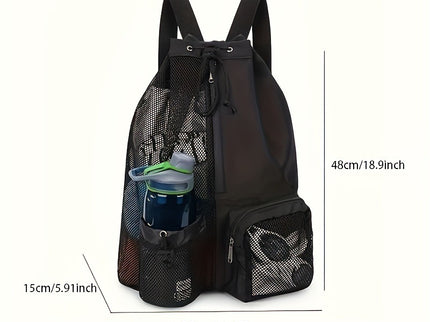 Light Grey Mesh Drawstring Swim Backpack with Wet Pocket - Lightweight Beach, Gym, Outdoor Sports Bag - 245g