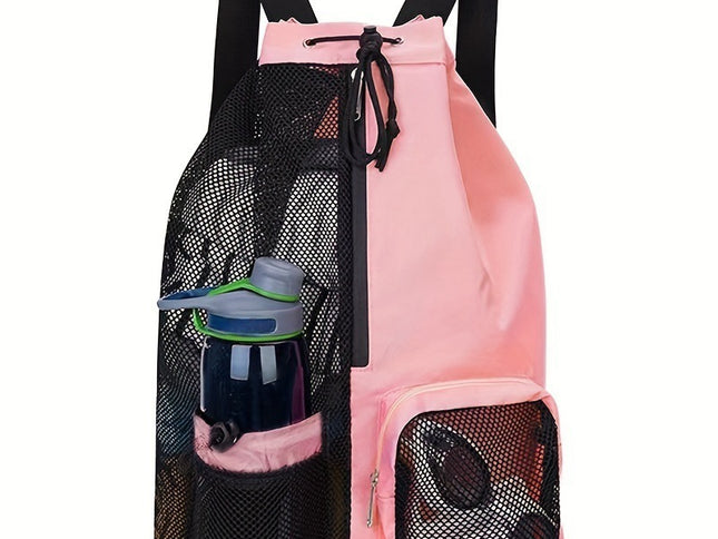 Pink Mesh Drawstring Swim Backpack with Wet Pocket - Lightweight Beach, Gym, Outdoor Sports Bag - 245g