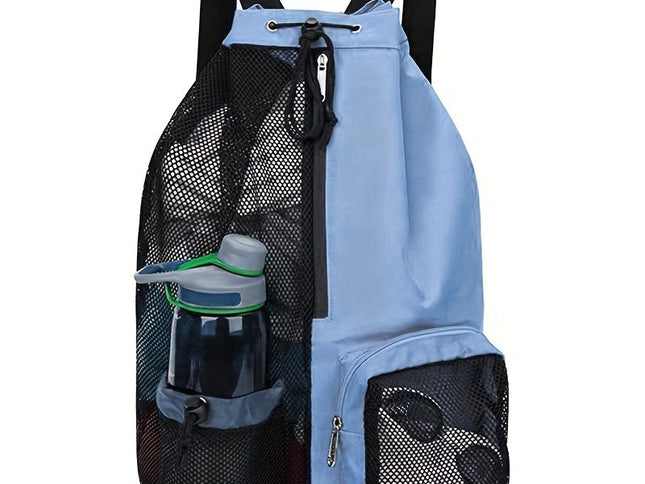 Blue Mesh Drawstring Swim Backpack with Wet Pocket - Lightweight Beach, Gym, Outdoor Sports Bag - 245g