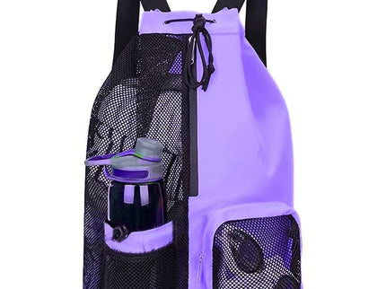 Purple Mesh Drawstring Swim Backpack with Wet Pocket - Lightweight Beach, Gym, Outdoor Sports Bag - 245g