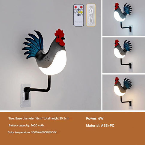 Grey USB Rechargeable Rooster Wall Lamp with Sound, Aromatherapy, and Decorative Design ‚Äì Creative Nightlight for Bedroom and Corridor