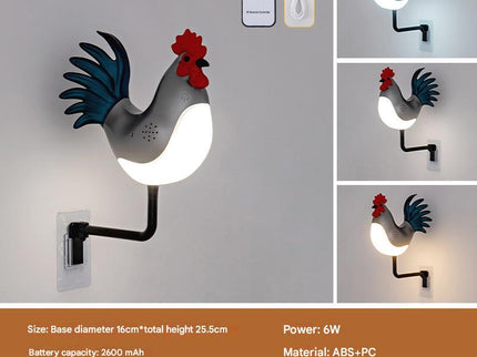 Silver USB Rechargeable Rooster Wall Lamp with Sound, Aromatherapy, and Decorative Design - Creative Nightlight for Bedroom and Corridor