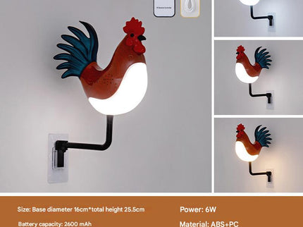 Red USB Rechargeable Rooster Wall Lamp with Sound, Aromatherapy, and Decorative Design - Creative Nightlight for Bedroom and Corridor