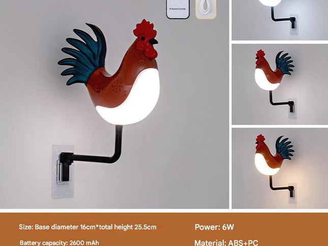 Red USB Rechargeable Rooster Wall Lamp with Sound, Aromatherapy, and Decorative Design - Creative Nightlight for Bedroom and Corridor