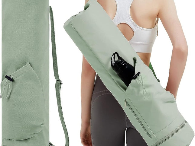 Green Durable Yoga Mat Carry Bag - Multi-Functional Fitness Backpack with Wet Pocket(Mugs are filming props, not included)
