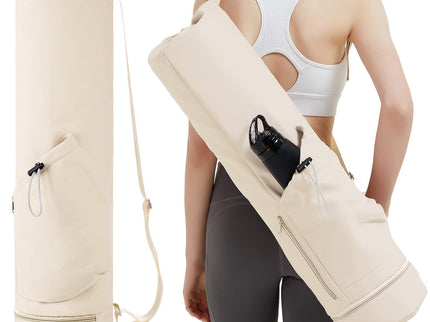 Off White Durable Yoga Mat Carry Bag - Multi-Functional Fitness Backpack with Wet Pocket(Mugs are filming props, not included)