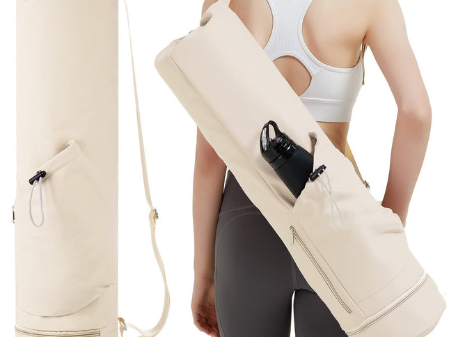 Off White Durable Yoga Mat Carry Bag - Multi-Functional Fitness Backpack with Wet Pocket(Mugs are filming props, not included)