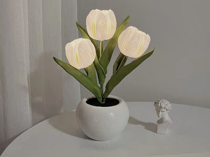 White Flowers USB Tulip Night Light - Bedroom Decor Table Lamp with PU Flowers & Ceramic Pot, Perfect Gift for Family & Friends