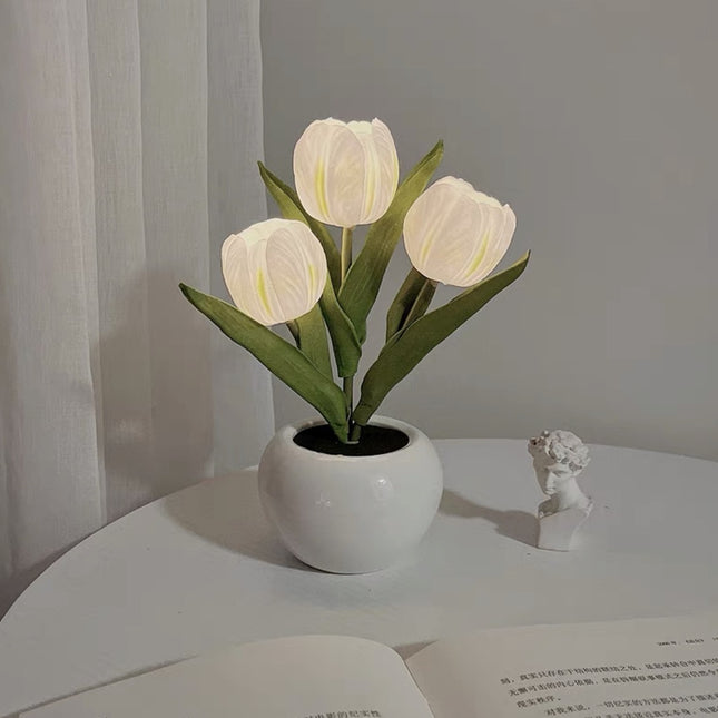 White Flowers USB Tulip Night Light - Bedroom Decor Table Lamp with PU Flowers & Ceramic Pot, Perfect Gift for Family & Friends