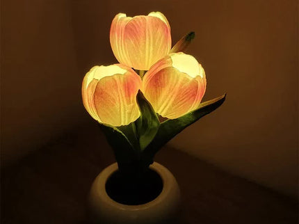 Orange Flowers USB Tulip Night Light - Bedroom Decor Table Lamp with PU Flowers & Ceramic Pot, Perfect Gift for Family & Friends