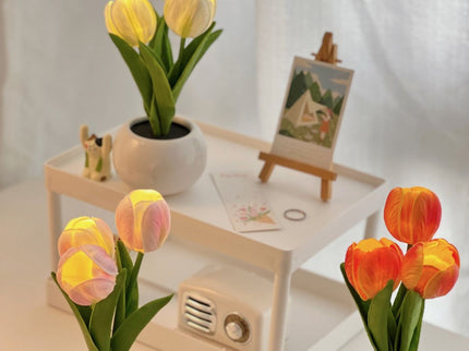 Orange Flowers USB Tulip Night Light - Bedroom Decor Table Lamp with PU Flowers & Ceramic Pot, Perfect Gift for Family & Friends