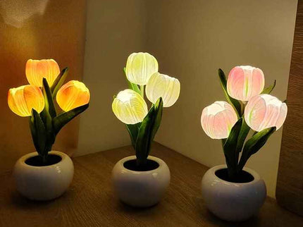 Orange Flowers USB Tulip Night Light - Bedroom Decor Table Lamp with PU Flowers & Ceramic Pot, Perfect Gift for Family & Friends