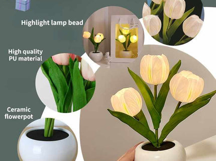 Orange Flowers USB Tulip Night Light - Bedroom Decor Table Lamp with PU Flowers & Ceramic Pot, Perfect Gift for Family & Friends