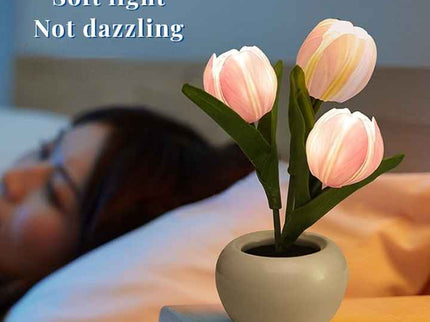 Orange Flowers USB Tulip Night Light - Bedroom Decor Table Lamp with PU Flowers & Ceramic Pot, Perfect Gift for Family & Friends