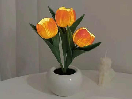 Orange Flowers USB Tulip Night Light - Bedroom Decor Table Lamp with PU Flowers & Ceramic Pot, Perfect Gift for Family & Friends