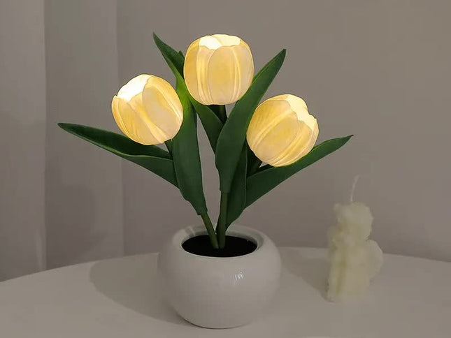 Yellow Flowers USB Tulip Night Light - Bedroom Decor Table Lamp with PU Flowers & Ceramic Pot, Perfect Gift for Family & Friends