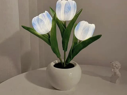 Blue Flowers USB Tulip Night Light - Bedroom Decor Table Lamp with PU Flowers & Ceramic Pot, Perfect Gift for Family & Friends
