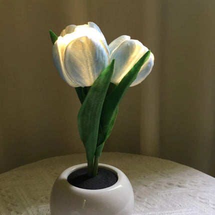 Blue Flowers USB Tulip Night Light - Bedroom Decor Table Lamp with PU Flowers & Ceramic Pot, Perfect Gift for Family & Friends