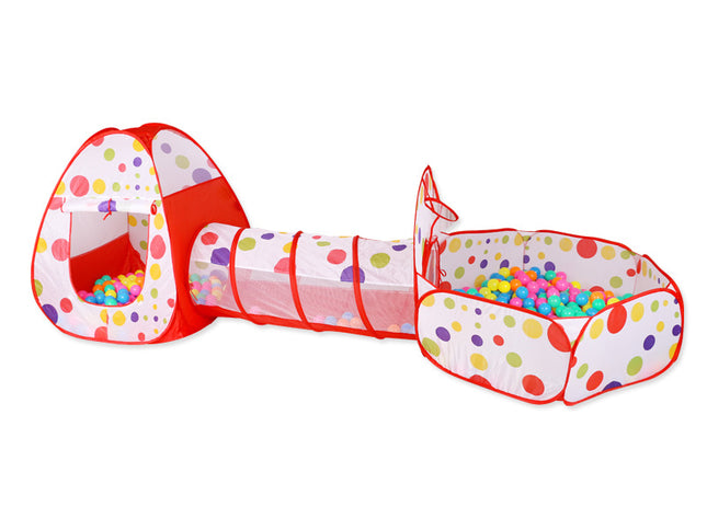 Red 3-in-1 Kids Play Tent Set - Foldable Indoor/Outdoor Tunnel and Ball Pit with Fence