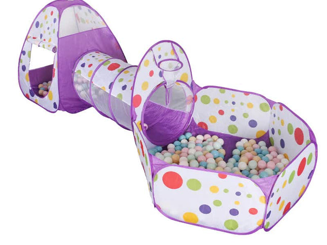Purple 3-in-1 Kids Play Tent Set - Foldable Indoor/Outdoor Tunnel and Ball Pit with Fence