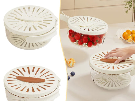 2PCS White Double-Layer Fruit and Vegetable Drain Basket - Multifunctional Collapsible Kitchen Strainer with Handle for Washing and Storage