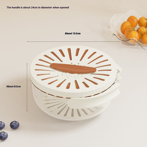 2PCS Brown Double-Layer Fruit and Vegetable Drain Basket - Multifunctional Collapsible Kitchen Strainer with Handle for Washing and Storage
