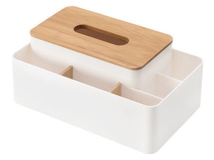White Multifunctional Tissue Box Organizer - Bamboo Lid with Dividers for Desktop Storage