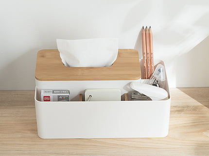 Apricot Multifunctional Tissue Box Organizer - Bamboo Lid with Dividers for Desktop Storage