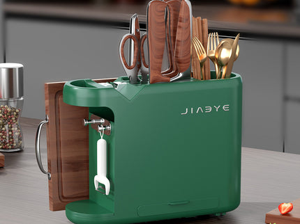 Green Multifunctional Kitchen Knife Rack - Storage Organizer with Built-in Knife Sharpener, for Knives, Chopsticks, Cutting Boards, and Pot Lids