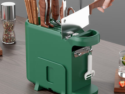 Green Multifunctional Kitchen Knife Rack - Storage Organizer with Built-in Knife Sharpener, for Knives, Chopsticks, Cutting Boards, and Pot Lids