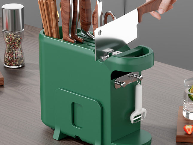 Green Multifunctional Kitchen Knife Rack - Storage Organizer with Built-in Knife Sharpener, for Knives, Chopsticks, Cutting Boards, and Pot Lids