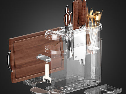 Green Multifunctional Kitchen Knife Rack - Storage Organizer with Built-in Knife Sharpener, for Knives, Chopsticks, Cutting Boards, and Pot Lids