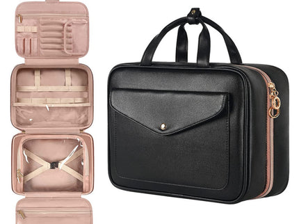Black Multifunctional Travel Toiletry Organizer with Hanger and Large Storage Capacity