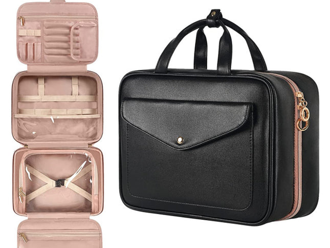 Black Multifunctional Travel Toiletry Organizer with Hanger and Large Storage Capacity